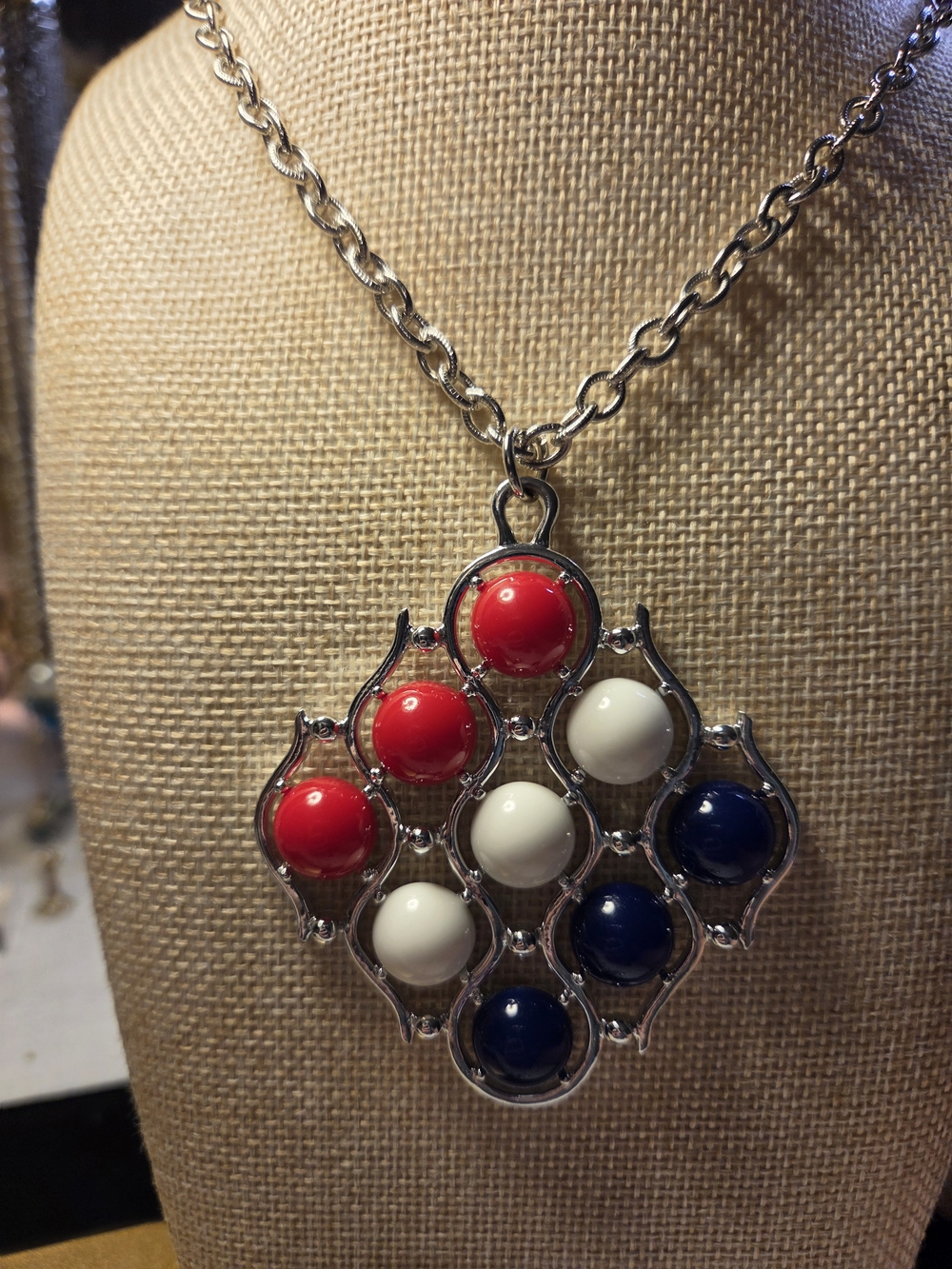 Sarah Coventry Tri-Color Round Bead Pendant Necklace in Red, White & Blue
